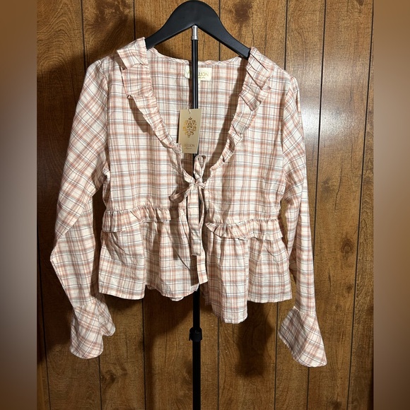 Rebellion Tops - Rebellion Peach Plaid Ruffle Tie-Front Blouse